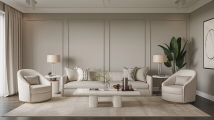 Luxury Glam Living Room Modern living room with a white sofa and two armchairs, a coffee table and a plant in a pot.