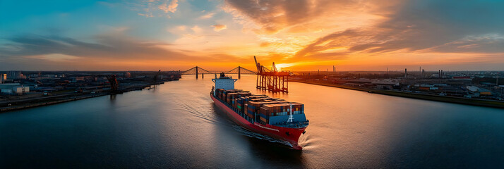 Naklejka premium Cargo Ship at Sunset with Bridge in Background, container ship, sea, ocean, water, sunrise