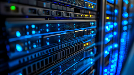 Naklejka premium Server Rack with Blue Lights, data center, technology, hardware, internet, cloud computing