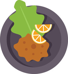 Top view of a crispy fried chicken fillet served with lemon and lettuce on a plate