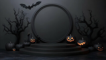 Black Halloween Background with Jack-O-Lanterns and Spooky Trees, pumpkins, scary, halloween decorations, october, holiday