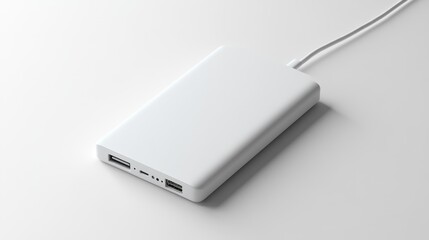 Fototapeta premium White portable power bank mockup with USB and charging cable on a clean white background. Minimalist modern and sleek design for mobile charging solutions and portable energy. Generative AI