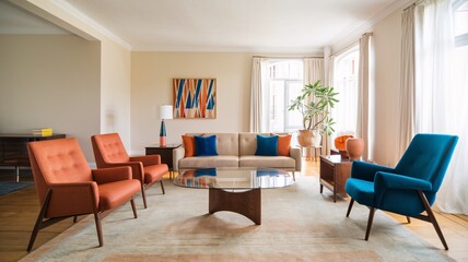 Mid-Century Modern Living Room Modern living room interior with a beige sofa, four chairs, a coffee table, a plant, and a wall art.