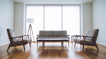 Fototapeta premium Mid-Century Modern Living Room A minimalist living room with a sofa, two chairs, a coffee table, and a floor lamp in front of a large window.