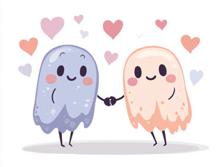 Obraz premium Cute cartoon ghosts with hearts isolate white on background