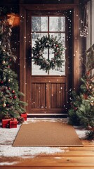 An empty scene featuring blank mockup template (a bear-themed welcome mat at a front door), creating an ideal product mockup space, 