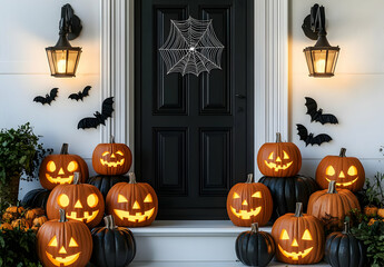 Obraz premium Halloween Jack-o'-Lanterns on Porch, pumpkins, carved pumpkins, spooky, scary, festive