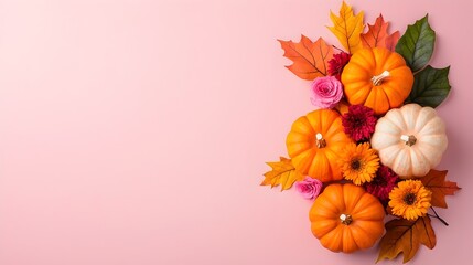 Obraz premium Vibrant Autumn Bouquet with Pumpkins and Leaves on Clean Background