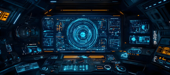 Fototapeta premium Futuristic Control Room with Digital Interface, technology, science fiction, spaceship, dashboard, monitor