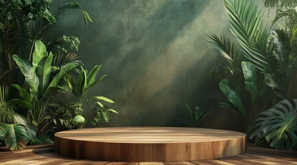 Wooden platform surrounded by lush green tropical foliage against a textured green wall.