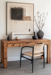 Modern minimalist home office with wooden desk, black chair, and abstract artwork.