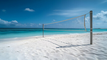 Beach Volleyball Net on White Sand Beach, turquoise water, ocean, sky, clouds, summer