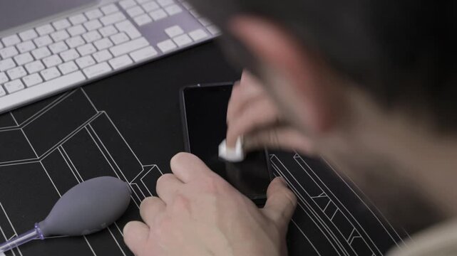 Close-up of male hand preparing and installing screen protector on smartphone. Top view of attaching protective sheet to smart phone display. Tempered glass shield protector. Maintenance and repairing