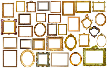 assortment of golden and silvery art and photo frames isolated on white background
