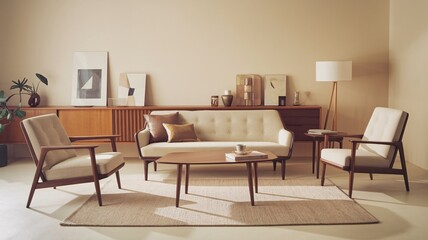 Fototapeta premium Mid-Century Modern Living Room A modern living room with a sofa, chairs, and a coffee table.