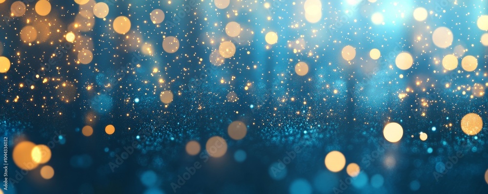 Poster abstract blue and gold bokeh background with sparkling lights and glitter.