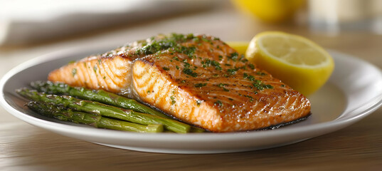 Grilled Salmon with Asparagus and Lemon, grilled asparagus, seafood, fish, dinner, meal