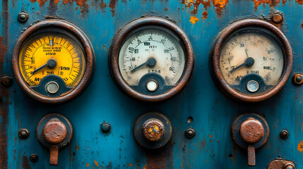 Rusty Gauges on a Blue Panel, meter, meters, dial, dials, instrument