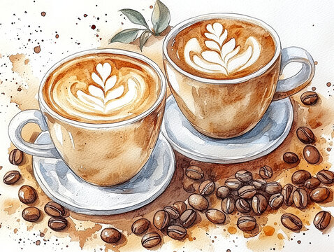 Warm and inviting, this artistic watercolor illustration features two cups of coffee adorned with beautiful latte art, surrounded by coffee beans. Perfect for coffee lovers!