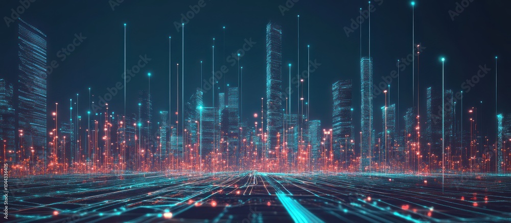 Poster a futuristic cityscape with glowing lines and digital elements representing technology and data.