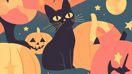 A retro Halloween party flyer featuring a whimsical black cat surrounded by vibrant pumpkins and twinkling stars, capturing the playful spirit of the season. The design incorporates vintage elements 