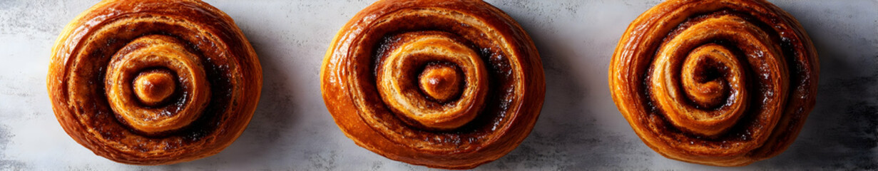 Fototapeta premium Three Freshly Baked Cinnamon Rolls, pastry, pastries, bakery, baked goods, sweet