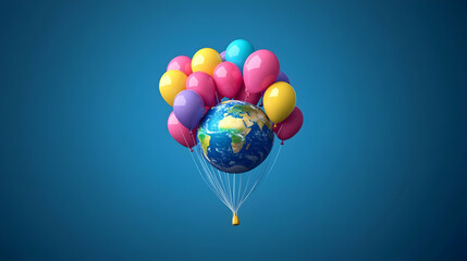 Obraz premium Earth Globe Held Up by Balloons, Party, Celebration, Joy, Happiness, Hope