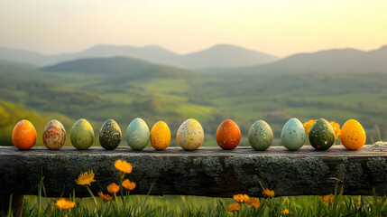 Easter Eggs on a Fence with a Mountain View, colorful eggs, decorated eggs, spring eggs, nature, landscape