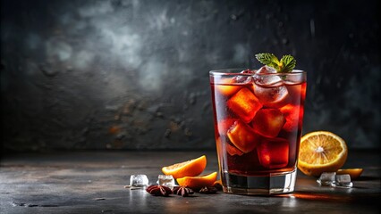 A glass of red drink with ice and citrus fruit garnished with a sprig of mint on a dark table