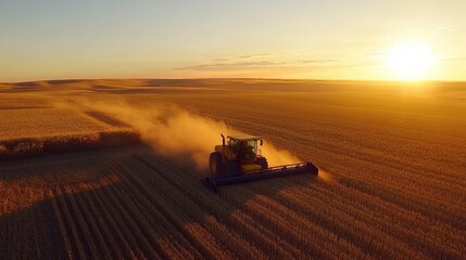 Fototapeta premium Harvesting Fields at Sunset with Dust Clouds