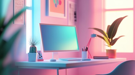 A whimsical indoor miniature office scene featuring large windows, a sleek desk, and a computer setup accompanied by a cozy armchair and motivational posters. 