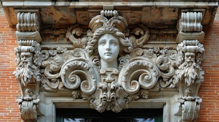 Ornate architectural relief featuring a woman's face and floral designs.