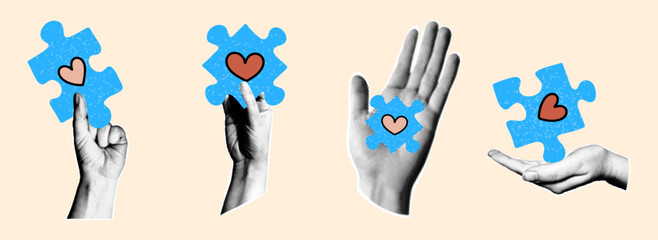 World Autism Awareness Day poster. Conceptual halftone collage set illustrations with hand and blue puzzle.