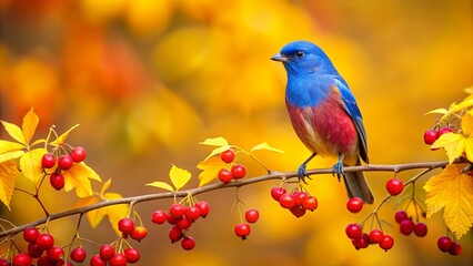 Fototapeta premium A vibrant blue and red bird perched on a branch adorned with ripe red berries, contrasting against a backdrop of golden autumn leaves.