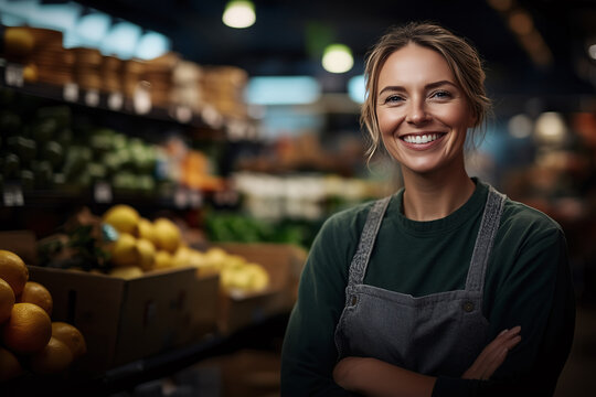 Smiling female grocery worker standing in produce section