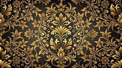 Golden Filigree Pattern Intricate swirls and floral motifs on a dark background, creating a luxurious and elegant design.