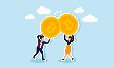 A businessman and businesswoman are clinking their bitcoins like a toast, illustrating a celebration of successful bitcoin investment strategies