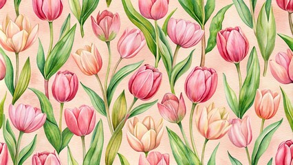 Seamless watercolor pattern with pink tulips on pastel background