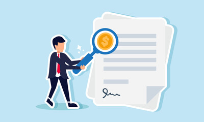 A businessman examines a contract agreement with a magnifying glass labeled with a dollar coin, illustrating the study of the revenue section in a business contract