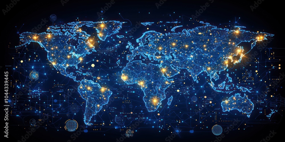 Poster A Digital World Map with Glowing Lines and Points