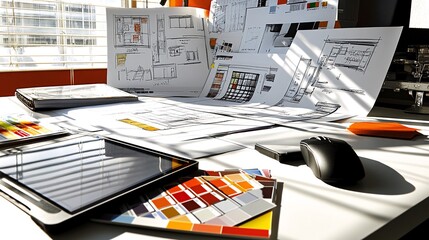 Architectural blueprints, color swatches, tablet, mouse, and hard drive on a desk.