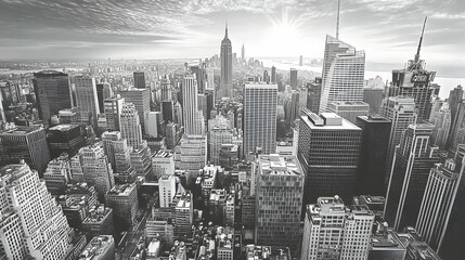 Black and white aerial view of New York City skyline with sun shining through the clouds.