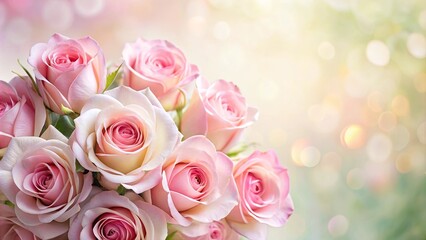 Obraz premium A cluster of delicate pink roses with soft petals, radiating a gentle aura of love and beauty, against a backdrop of blurred golden light.