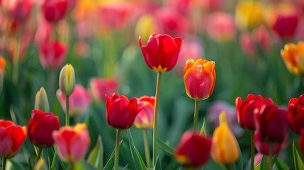 Obraz premium A captivating close-up of colorful tulips in full bloom, showcasing vibrant red, yellow, and pink petals, creating a stunning and vivid floral landscape view.