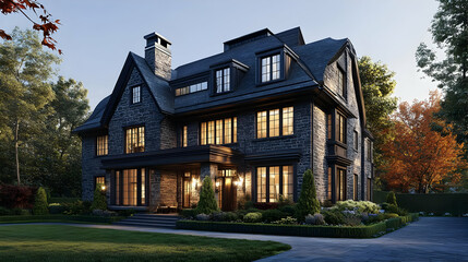 Modern Stone Mansion with Autumnal Landscape, house, home, contemporary, architecture, brick