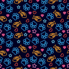 Seamless illustration with cat's paw prints, pattern on a dark blue background with a neon glow...