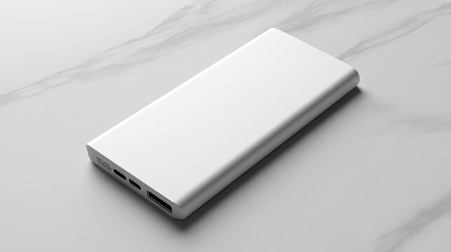 Slim white power bank mockup on a marble surface minimalist and sleek design for tech product branding portable charging devices or promotional photography.. Generative AI