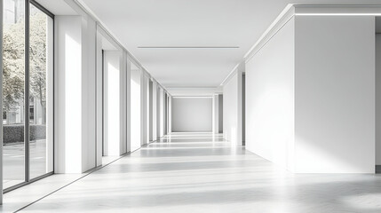 Fototapeta premium Minimalist White Corridor with Sunlight, hallway, architecture, interior, design, modern