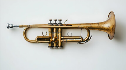 Obraz premium Vintage Trumpet on White Background, musical instrument, brass instrument, antique, gold, melody