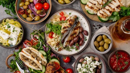 A vibrant spread featuring grilled fish, fresh vegetables, assorted olives, and traditional Mediterranean dishes, showcasing a rich culinary experience.